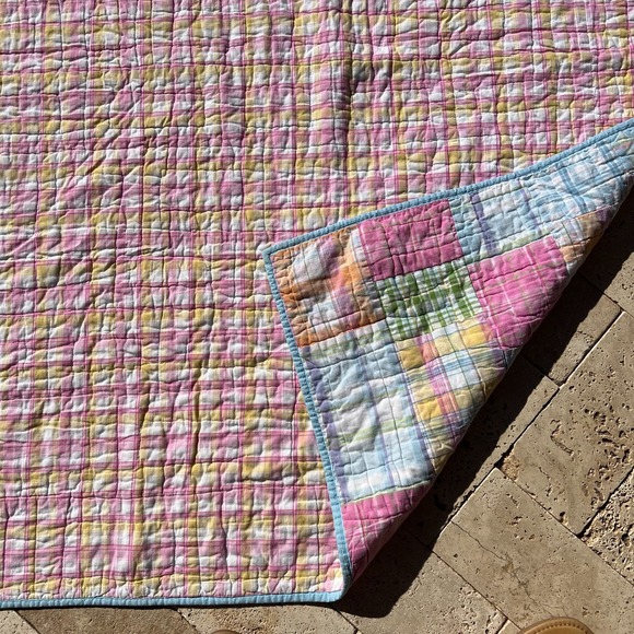 POTTERY BARN KIDS Pastel Madras Twin Bed Quilt Patchwork Pink Blue Yellow Green - Picture 6 of 13